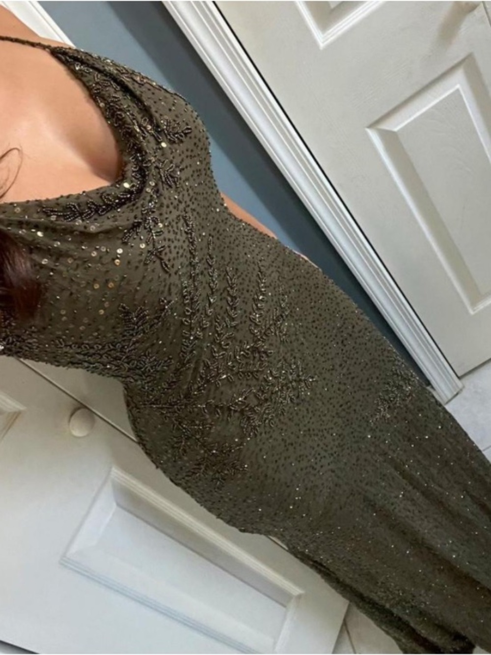 Sue Wong Olive Green Beaded Cowl Neck Camisole - Picture 2 of 16